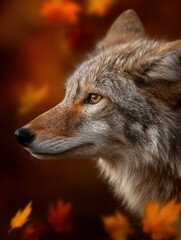 Fototapeta premium Side View of a Coyote Against a Vibrant Autumn Background