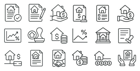 Set of icons for the real estate industry. The icons include a house, a pen, a stack of money, a stamp, a house with a sign that says "for sale," a house with a sign that says "for rent