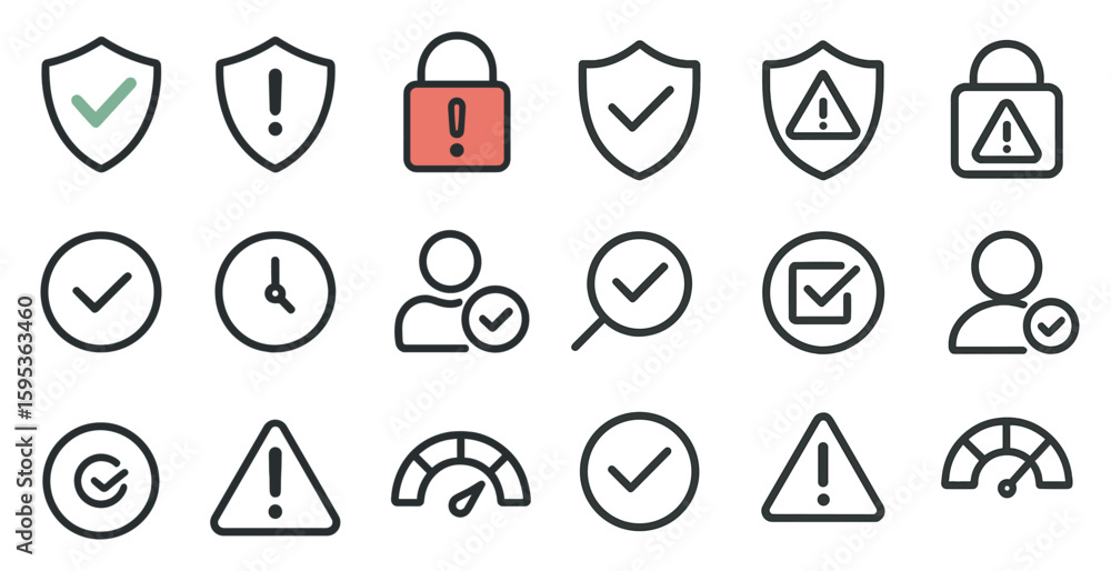 Aufkleber set of icons for a security system. the icons include a red exclamation point, a red padlock, a red 