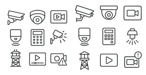 Set of icons for security and surveillance. The icons include a camera, a microphone, a keypad, a calculator, a clock, and a light. The icons are all in black and white