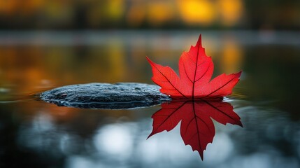 Obraz premium Stunning Red Maple Leaf Reflection on Calm Water in Autumn for Nature and Landscape Photography