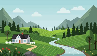 Flat Design Landscape with House River Hills and Trees in Vector Illustration