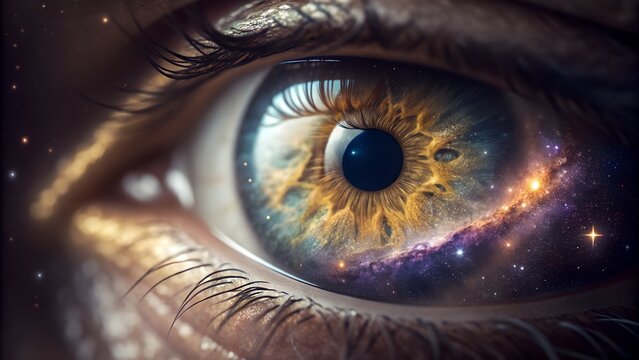 Human eye reflecting a vibrant galaxy with stars and nebulae creating a cosmic vision
