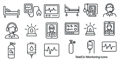 Set of icons for telehealth monitoring. The icons include a doctor, a nurse, a patient, a hospital bed, and a medical device. Scene is one of healthcare and medical care