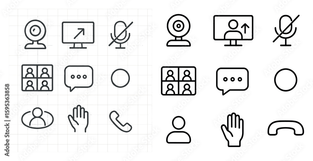Poster set of icons for a computer program. the icons include a camera, microphone, and a hand