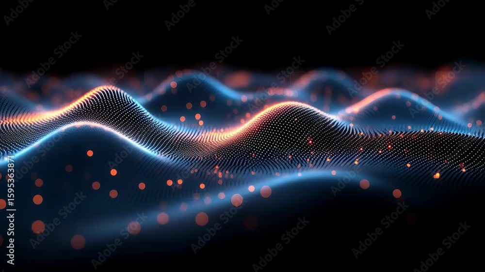 Poster abstract digital landscape animation with illuminated particle waves over black background