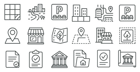 Set of icons for a city map, including a building, a tree, a car, and a parking spot