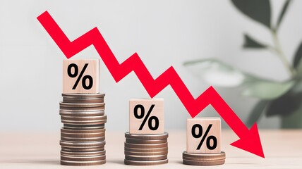Red downward arrow graph over stacks of coins with percentage signs