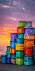 Colorful Stacked Plastic Bins at Sunset.