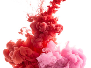 Red and pink ink swirling together in water against a black background creating an abstract shape