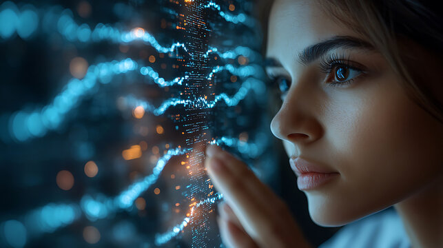 Woman Exploring Futuristic Data Visualization Interface