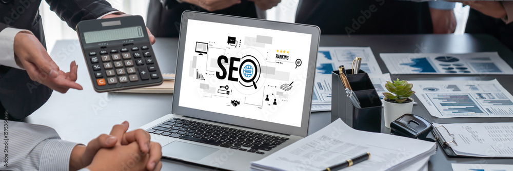 Poster seo search engine optimization for brisk e-commerce and online retail business showing on computer s