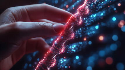 Exploring the Depths of Genetic Code A Hand Interacting with a DNA Strand Visualization
