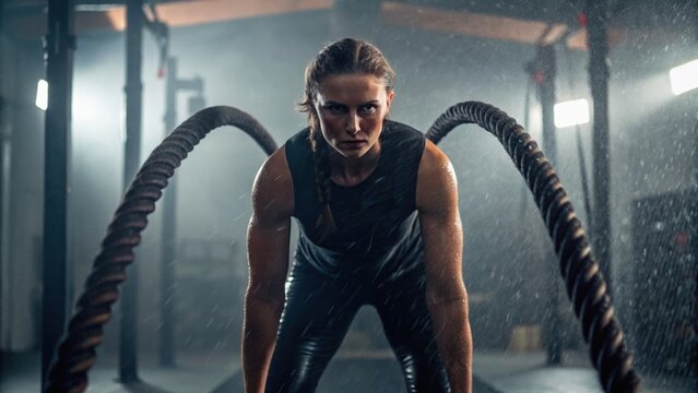 A focused athlete exercises with battle ropes in a misty gym, showcasing strength and determination.