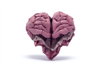 Obraz premium Origami heart and brain folded from single paper on white background, seamless shift from emotion to thought, delicate craft symbolizing mental harmony.