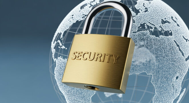 Global Security Concept: Golden Padlock Securing Digital World Map, Illustrating Data Protection, Cybersecurity, and Network Safety for Online Business