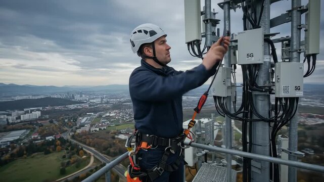 Technician Working on 5G Cell Tower with City View - A technician wearing a safety harness and helmet works on a 5G cellular tower atop a hill overlooking a sprawling city.
