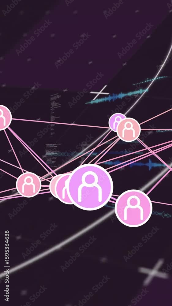 Poster animation of interconnected nodes with user icons on digital network background