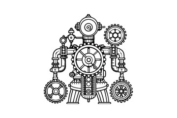 Detailed Steampunk Robot Illustration in Black and White Featuring Gears Pipes and Intricate Mechanical Design on a Clean White Background for Creative Projects