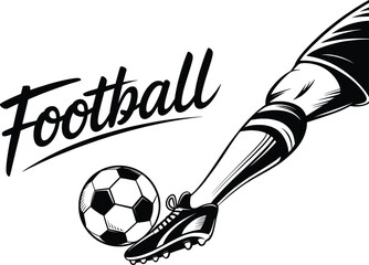 Football Kick Illustration, Soccer Boot Hitting Ball Black and White Vector Art.

