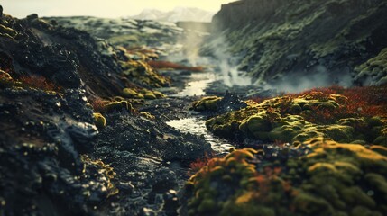 A valley where neon orange moss carpets cooled lava flows, steam rising from geothermal pools surrounded by obsidian shards, shot at dusk, chaos65