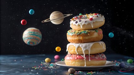 Whimsical space themed easter donuts stacked with floating planets and eggs