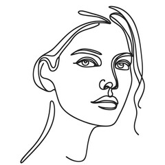 Continuous line drawing of a woman's face with flowing hair  