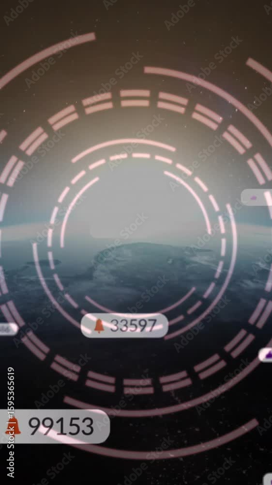 Poster digital notifications and data analytics animation over view of earth from space