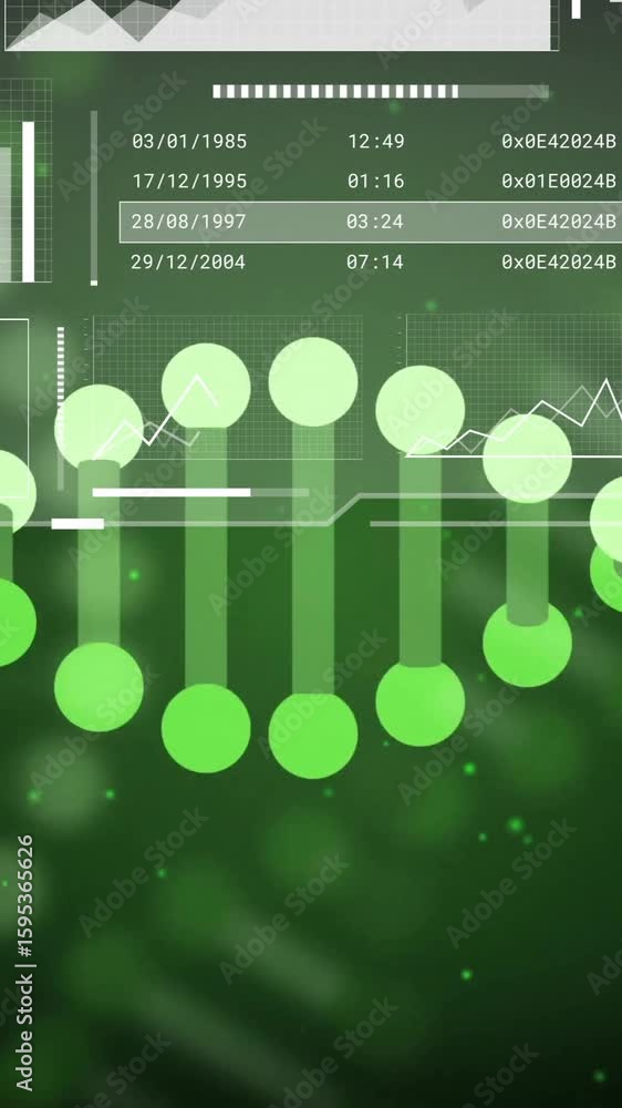 Poster dna strand and data charts animation over digital interface background