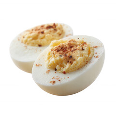 Two halved deviled eggs with creamy filling, sprinkled with paprika on a white isolated background.