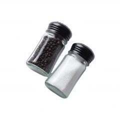 Two glass spice jars with black pepper and salt, isolated on a white background. Perfect for food photography and culinary themed projects.