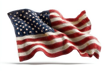 Obraz premium Waving American flag on white background, stars and stripes ripple in high detail, fabric weave and curl enhance patriotic presence.