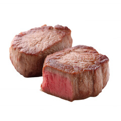 Two perfectly cooked beef fillets showcasing a juicy, tender interior and a beautifully seared exterior, ideal for culinary presentations or steak-related content.