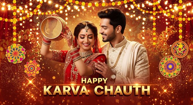 Indian couple celebrating karva chauth festival with lights and decorations