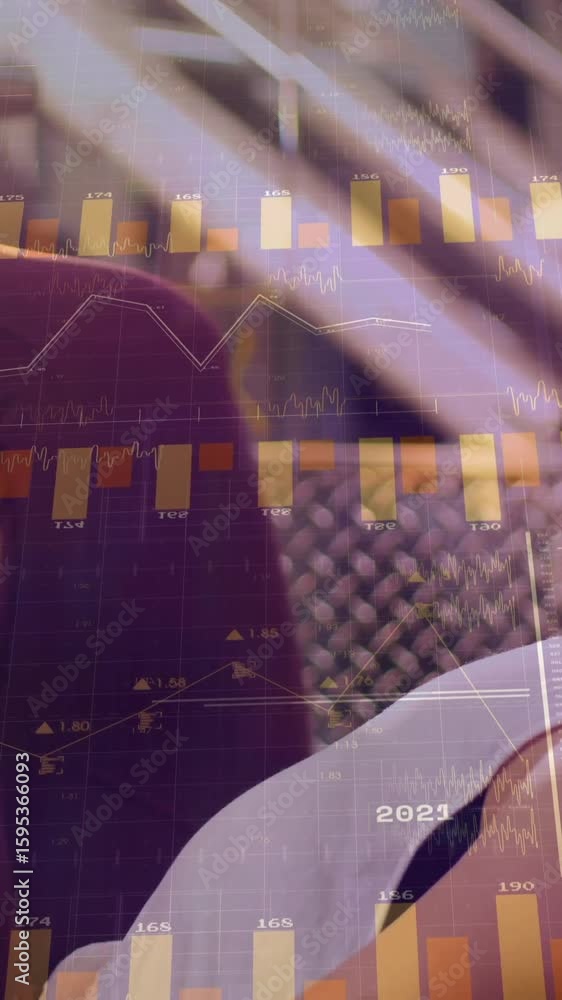 Poster exercising, people with financial data charts overlaying animation in background