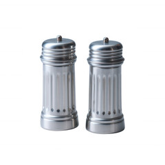 Two silver salt and pepper shakers on a white isolated background, perfect for enhancing table presentation and adding flavor to meals.