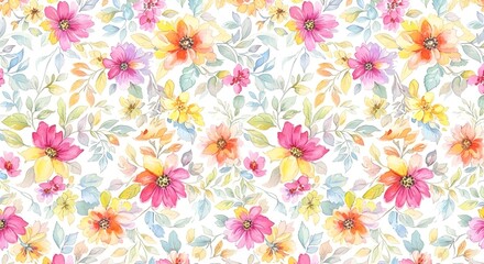 Bright Watercolor Floral Pattern with Delicate Leaves, Seamless Design	