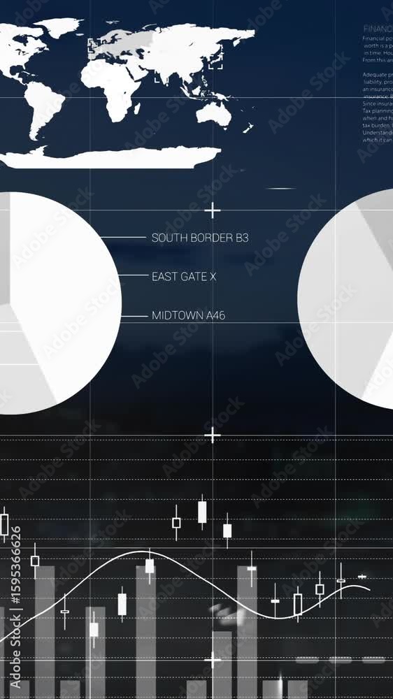 Poster overlaying financial data charts and graphs on animation of world map and landscape