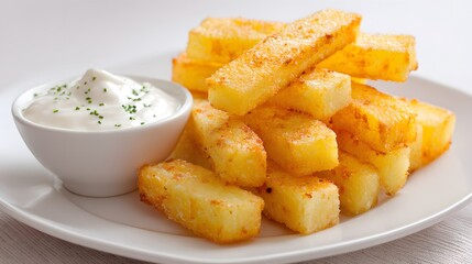 High-quality image of cassava fries mandioca frita served with dip neatly a 9792e317-1838-459c-84c1-0b9f0d4211e2, styled with professional lighting and isolated on a clean background.