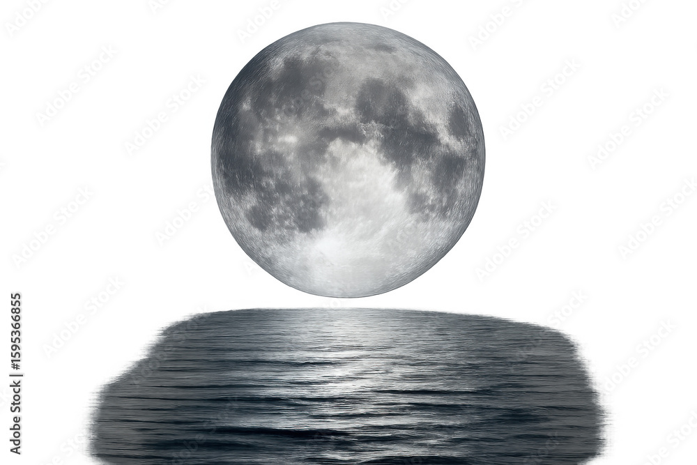 Poster large full moon reflecting on calm water surface with transparent background, creating a serene and 