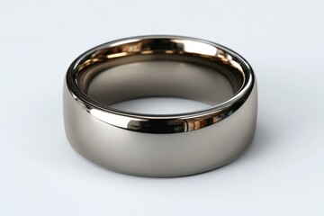  Fitness ring gadget flat on white background, metallic body polished smooth, slim wearable design showcasing minimalist tech elegance.
