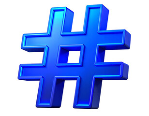 Fototapeta premium Tilted 3D Blue Hashtag Icon with Neon Glow Effect, Floating in Air, Transparent PNG