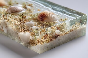  Glass seaframe with sand and shells on white background, transparent acrylic edges, beach elements float like preserved marine memory.
