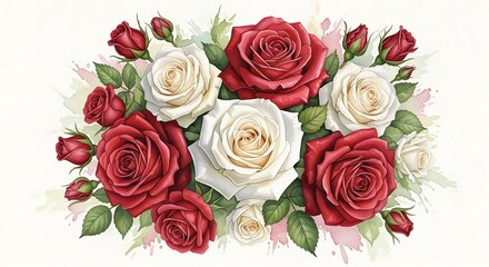 Fototapeta premium Elegant watercolor illustration of red and white roses with delicate green leaves