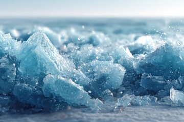  Ice crystal texture on sea surface on white background, jagged frost patterns resemble shattered glass, cold marine layer in detailed view.