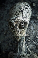 Cracked-skin alien with large eyes in a surreal and eerie sci-fi setting