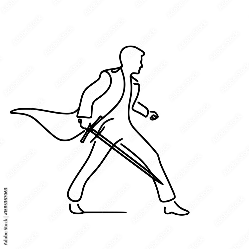 Poster man in motion carrying a sword with a flowing cape in outline style - concept of single line outline
