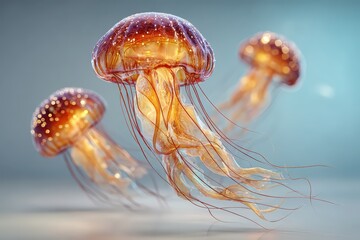  Jellyfish floating in sea on white background, translucent glow and silk-like tentacles suspended peacefully in minimal aquatic space.
