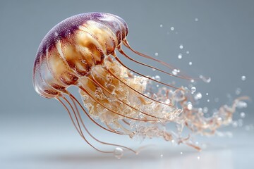  Jellyfish floating in sea on white background, translucent glow and silk-like tentacles suspended peacefully in minimal aquatic space.