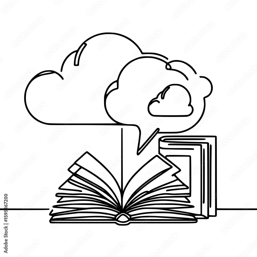 Poster open book with clouds and speech bubble in single line outline vector